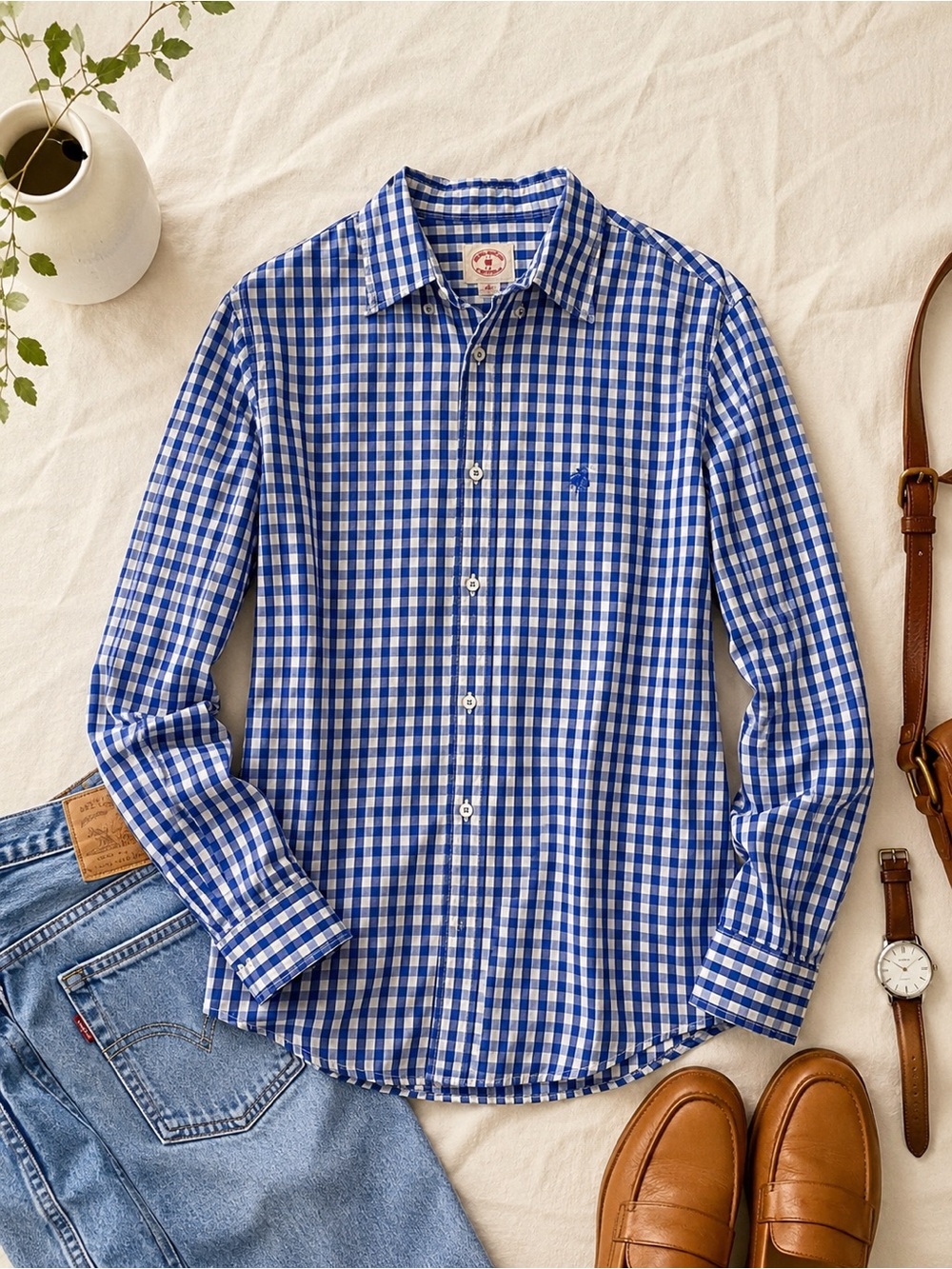 Brooks Brothers Blue White Gingham Button Down Shirt Large 100% Cotton